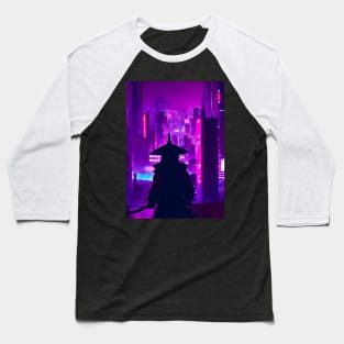 Japanese Samurai Cyberpunk Futuristic Neon City Baseball T-Shirt